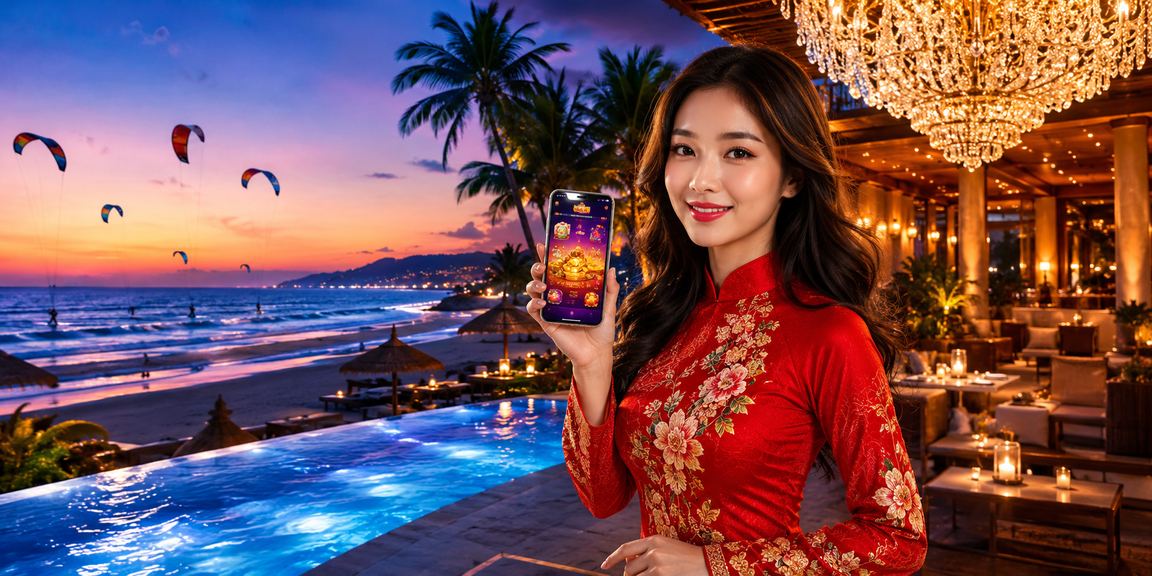 Người dùng tại Mũi Né sử dụng ứng dụng n200 trong trang phục áo dài